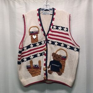 Belle Pointe Longaberger Sweater Vest 3X Basket Bear Patriotic Cardigan Vtg FLAW